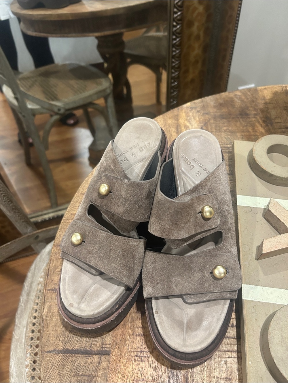 rag & bone Suede Double-Strap Slide Mules in Taupe with Gold Studs